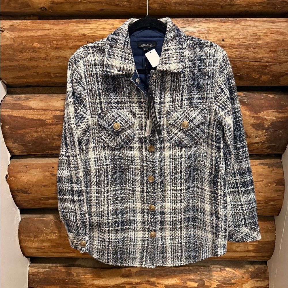 💙NWT Charlie B S Oversized Navy and White Plaid Tweed Jacket